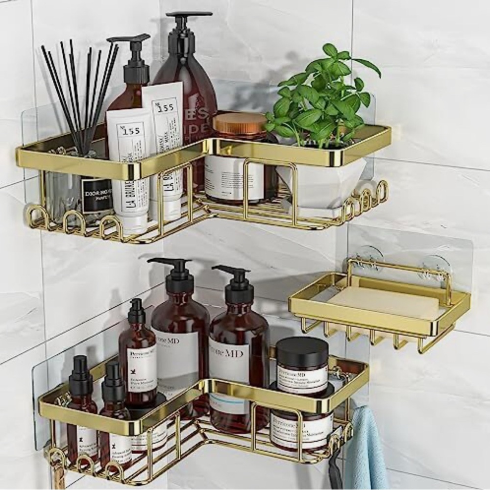 Corner Shower Caddy, 3-Pack Adhesive Bathroom Caddy with Soap Holder & 12 Hooks